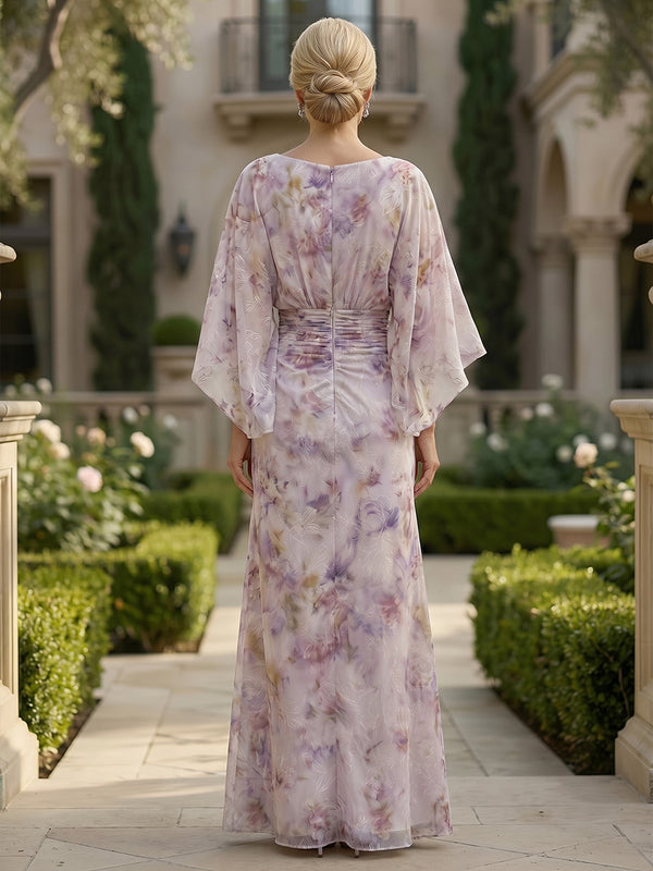 Floral Print A-Line/Princess Scoop Neck Floor-Length Mother of the Bride & Groom Dresses with Ruched Waist & Pockets