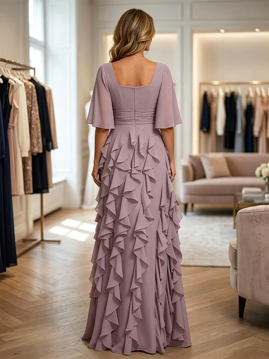 Chiffon A-Line/Princess Square Neck Floor-Length Mother of the Bride & Groom Dresses with Ruffles & Ruched Waist