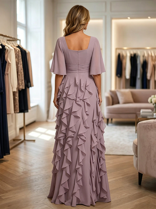 Chiffon A-Line/Princess Square Neck Floor-Length Mother of the Bride & Groom Dresses with Ruffles & Ruched Waist