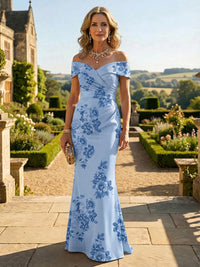 Floral Print Mermaid/Trumpet Off Shoulder Floor-Length Mother of the Bride & Groom Dresses with Ruched Waist