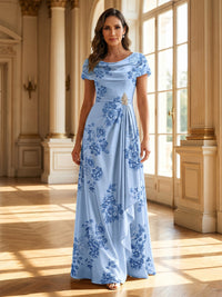Floral Print A-Line/Princess Cowl Neck Floor-Length Mother of the Bride & Groom Dresses with Ruffles
