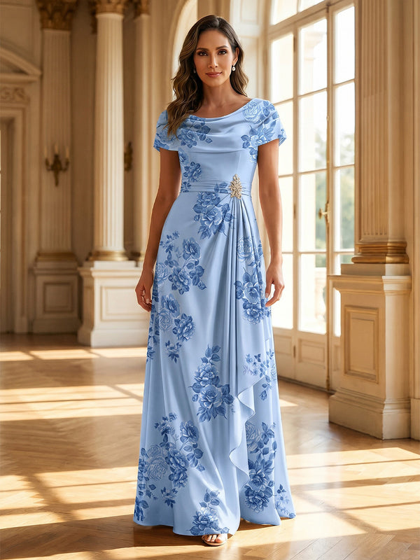 Floral Print A-Line/Princess Cowl Neck Floor-Length Mother of the Bride & Groom Dresses with Ruffles