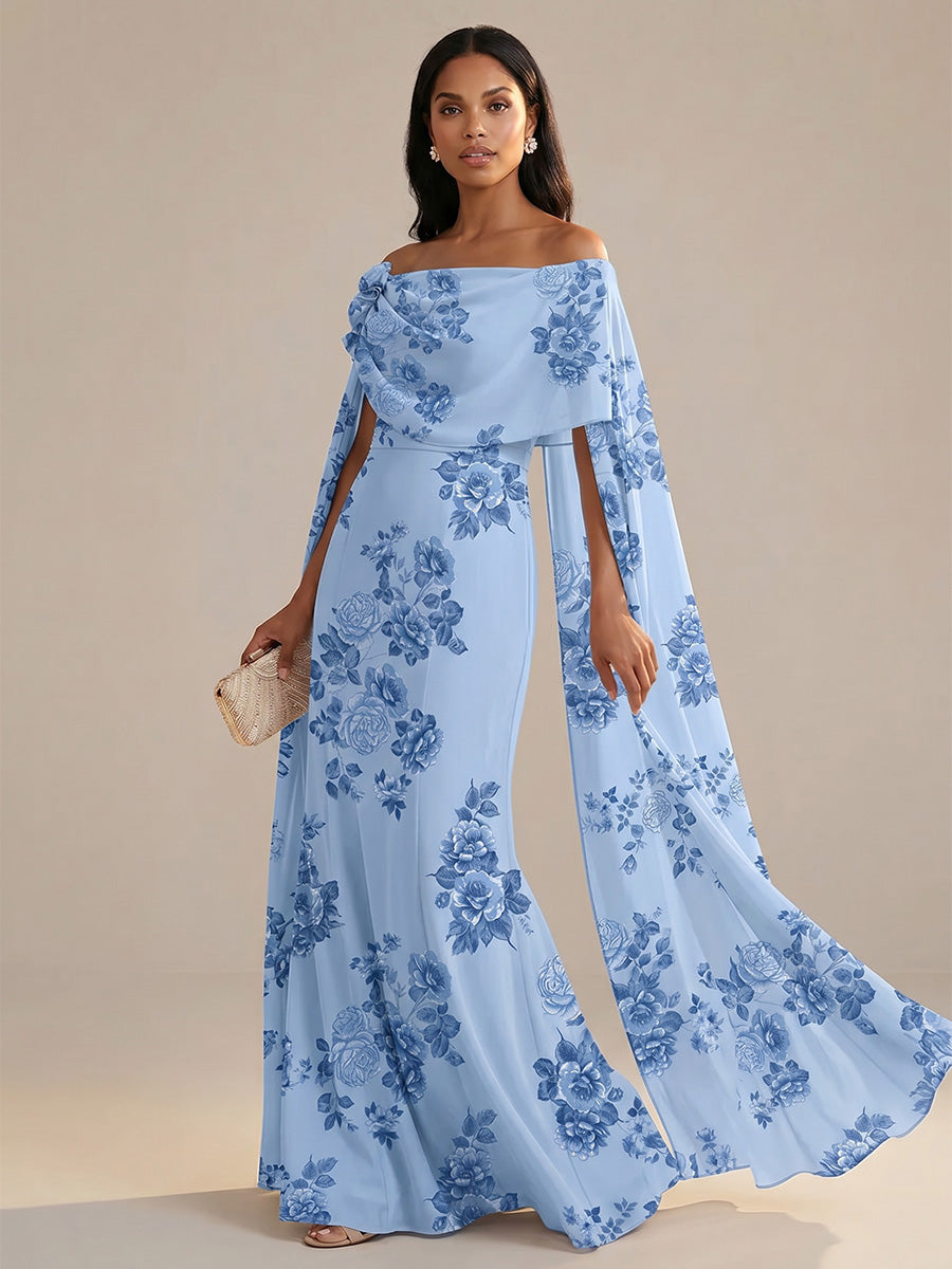 Floral Print A-Line/Princess Off Shoulder Floor-Length Mother of the Bride & Groom Dresses for Women
