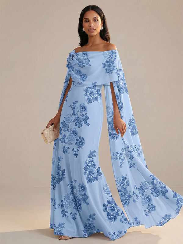 Floral Print A-Line/Princess Off Shoulder Floor-Length Mother of the Bride & Groom Dresses for Women
