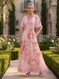 Floral Print A-Line/Princess V-Neck Floor-Length Mother of the Bride & Groom Dresses with Pleats & Pockets