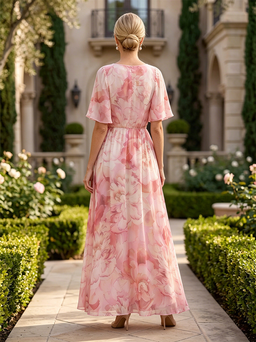 Floral Print A-Line/Princess V-Neck Floor-Length Mother of the Bride & Groom Dresses with Pleats & Pockets