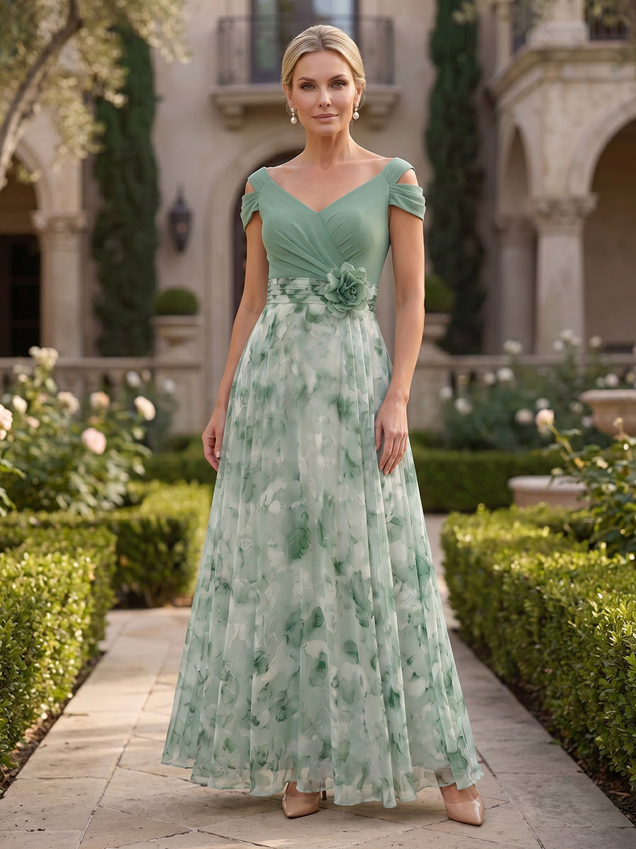 Floral Print A-Line/Princess V-Neck Floor-Length Mother of the Bride & Groom Dresses with Pleats