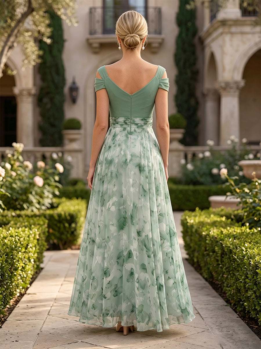 Floral Print A-Line/Princess V-Neck Floor-Length Mother of the Bride & Groom Dresses with Pleats