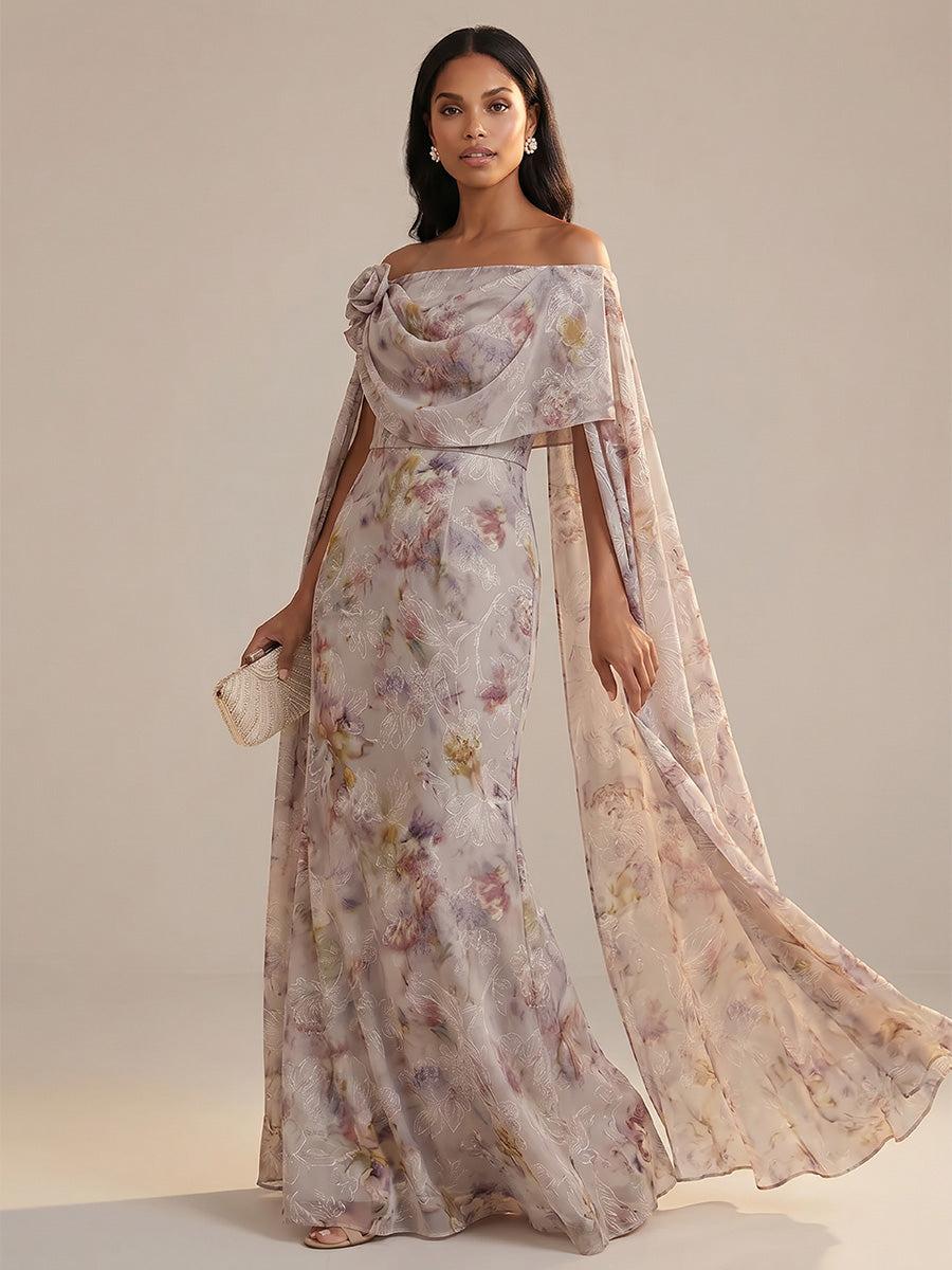 Floral Print A-Line/Princess Off Shoulder Floor-Length Mother of the Bride & Groom Dresses with Side Draped Sash