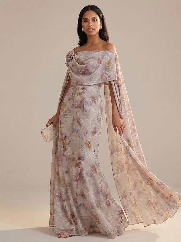 Floral Print A-Line/Princess Off Shoulder Floor-Length Mother of the Bride & Groom Dresses with Side Draped Sash