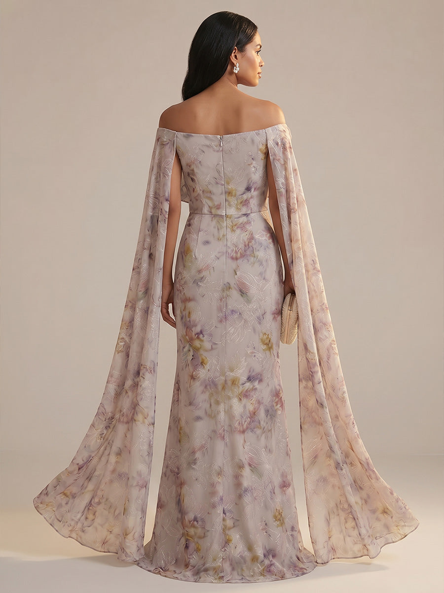 Floral Print A-Line/Princess Off Shoulder Floor-Length Mother of the Bride & Groom Dresses with Side Draped Sash
