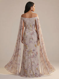 Floral Print A-Line/Princess Off Shoulder Floor-Length Mother of the Bride & Groom Dresses with Side Draped Sash