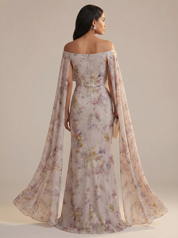 Floral Print A-Line/Princess Off Shoulder Floor-Length Mother of the Bride & Groom Dresses with Side Draped Sash