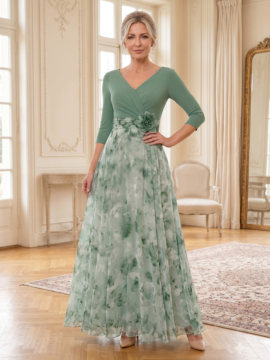 Floral Print A-Line/Princess V-Neck Floor-Length Mother of the Bride & Groom Dresses with Pleats