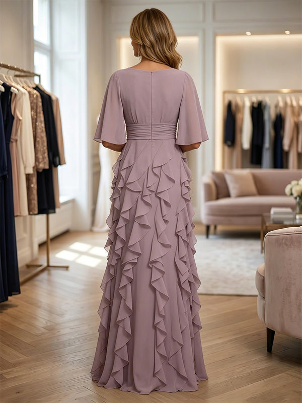 Chiffon A-Line/Princess V-Neck Floor-Length Mother of the Bride & Groom Dresses with Ruffles & Ruched Waist