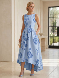 Floral Print A-Line/Princess Scoop Neck High-Low Mother of the Bride & Groom Dresses with Ruched Waist & Pockets