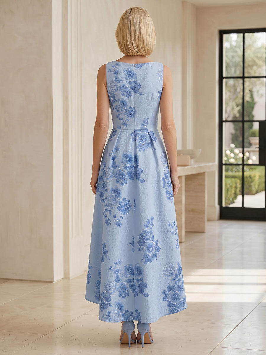 Floral Print A-Line/Princess Scoop Neck High-Low Mother of the Bride & Groom Dresses with Ruched Waist & Pockets