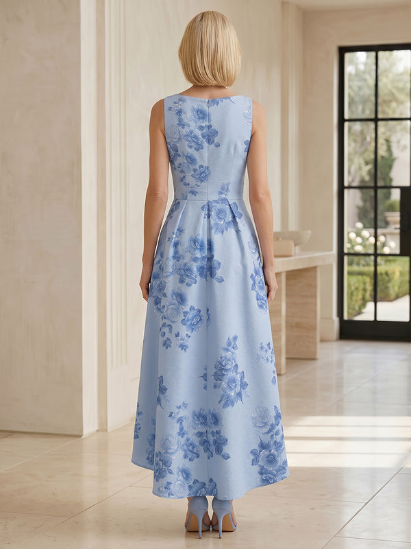 Floral Print A-Line/Princess Scoop Neck High-Low Mother of the Bride & Groom Dresses with Ruched Waist & Pockets