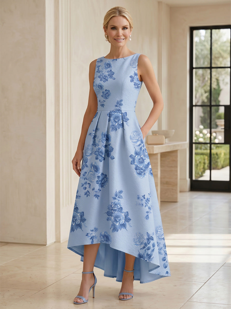 Floral Print A-Line/Princess Scoop Neck High-Low Mother of the Bride & Groom Dresses with Ruched Waist & Pockets
