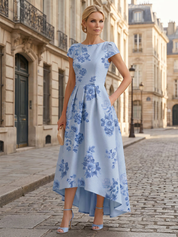 Floral Print A-Line/Princess Scoop Neck High-Low Mother of the Bride & Groom Dresses with Ruched Waist & Pockets