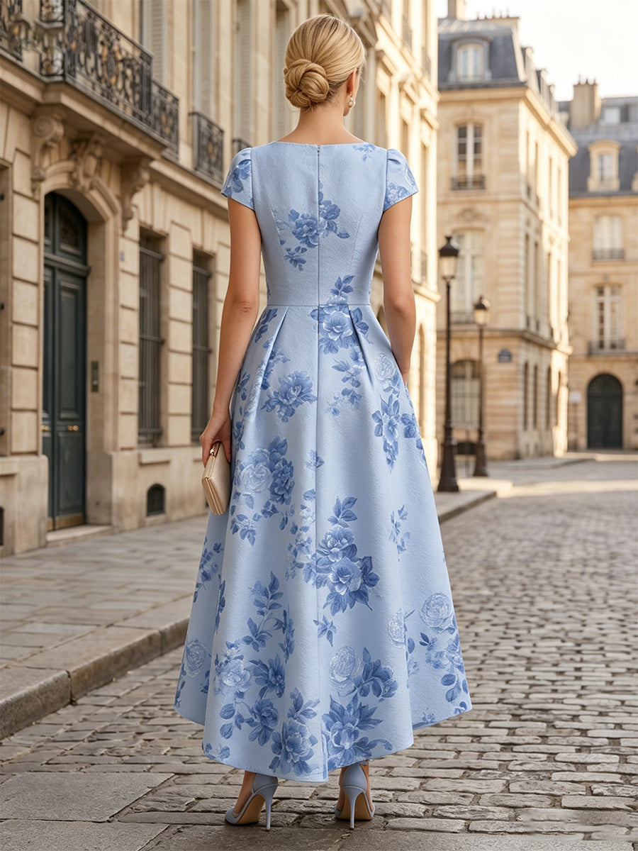 Floral Print A-Line/Princess Scoop Neck High-Low Mother of the Bride & Groom Dresses with Ruched Waist & Pockets