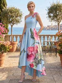 Floral Print A-Line/Princess One Shoulder High-Low Mother of the Bride & Groom Dresses with 3D Flowers & Ruched Waist