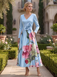 Floral Print A-Line/Princess V-Neck Tea-Length Mother of the Bride & Groom Dresses with 3D Flowers & Ruched Waist