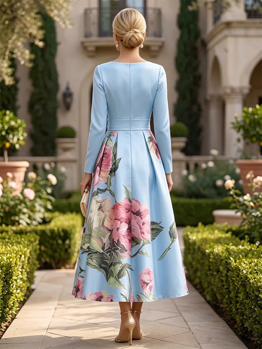Floral Print A-Line/Princess V-Neck Tea-Length Mother of the Bride & Groom Dresses with 3D Flowers & Ruched Waist