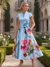 Floral Print A-Line/Princess V-Neck Tea-Length Mother of the Bride & Groom Dresses with Ruched Waist & Pockets