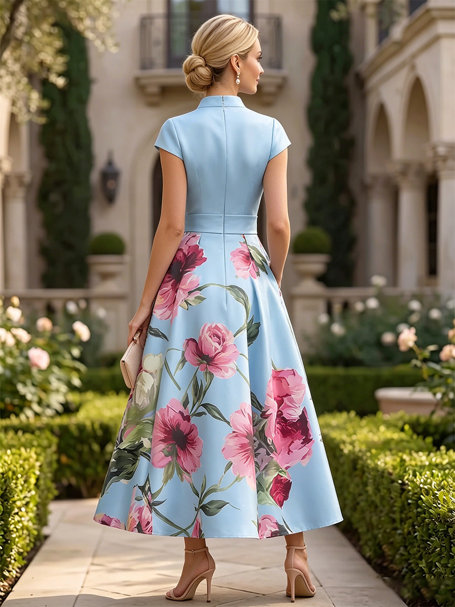 Floral Print A-Line/Princess V-Neck Tea-Length Mother of the Bride & Groom Dresses with Ruched Waist & Pockets