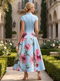 Floral Print A-Line/Princess V-Neck Tea-Length Mother of the Bride & Groom Dresses with Ruched Waist & Pockets