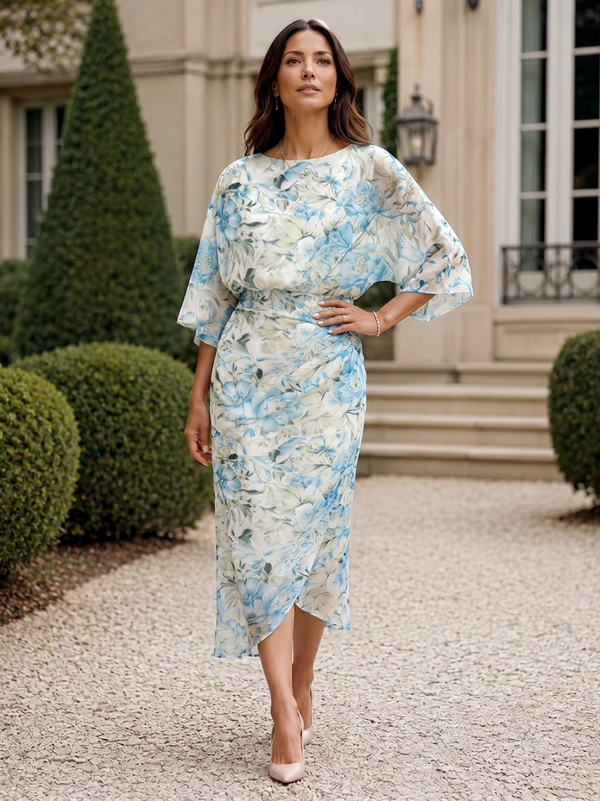 Floral Print Sheath/Column Scoop Neck Tea-Length Mother of the Bride & Groom Dresses with Ruched Waist