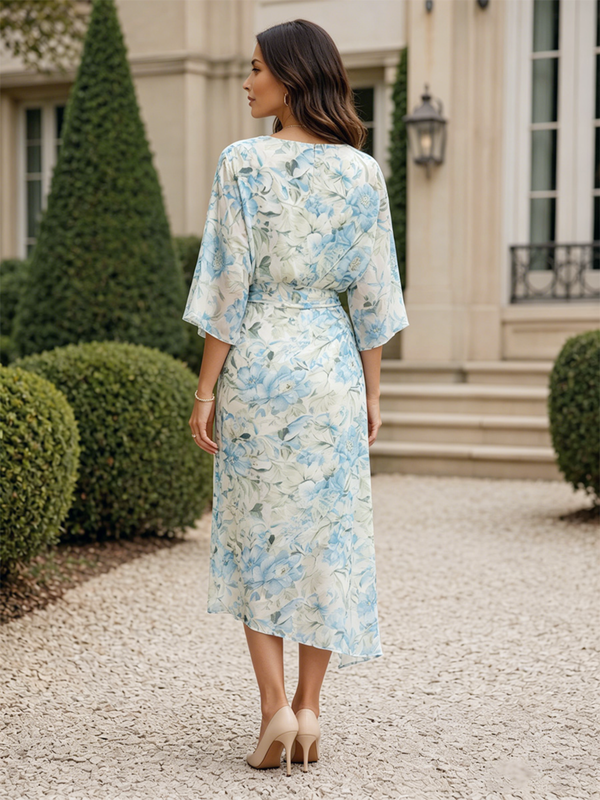Floral Print Sheath/Column Scoop Neck Tea-Length Mother of the Bride & Groom Dresses with Ruched Waist