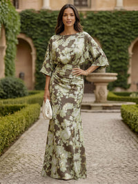 Floral Print Sheath/Column Scoop Neck Floor-Length Mother of the Bride & Groom Dresses with Ruched Waist