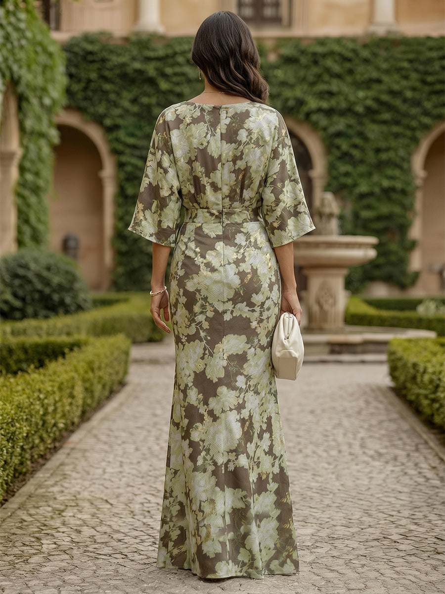 Floral Print Sheath/Column Scoop Neck Floor-Length Mother of the Bride & Groom Dresses with Ruched Waist