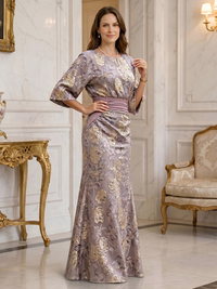 Jacquard Sheath/Column Scoop Neck Floor-Length Mother of the Bride & Groom Dresses with Ruched Waist