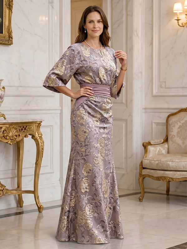 Jacquard Sheath/Column Scoop Neck Floor-Length Mother of the Bride & Groom Dresses with Ruched Waist