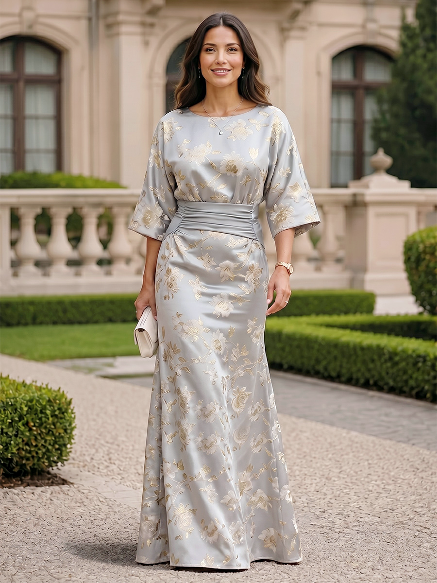 Jacquard Sheath/Column Scoop Neck Floor-Length Mother of the Bride & Groom Dresses with Ruched Waist & 3/4 Sleeves