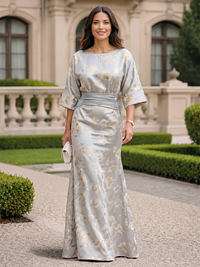 Jacquard Sheath/Column Scoop Neck Floor-Length Mother of the Bride & Groom Dresses with Ruched Waist & 3/4 Sleeves