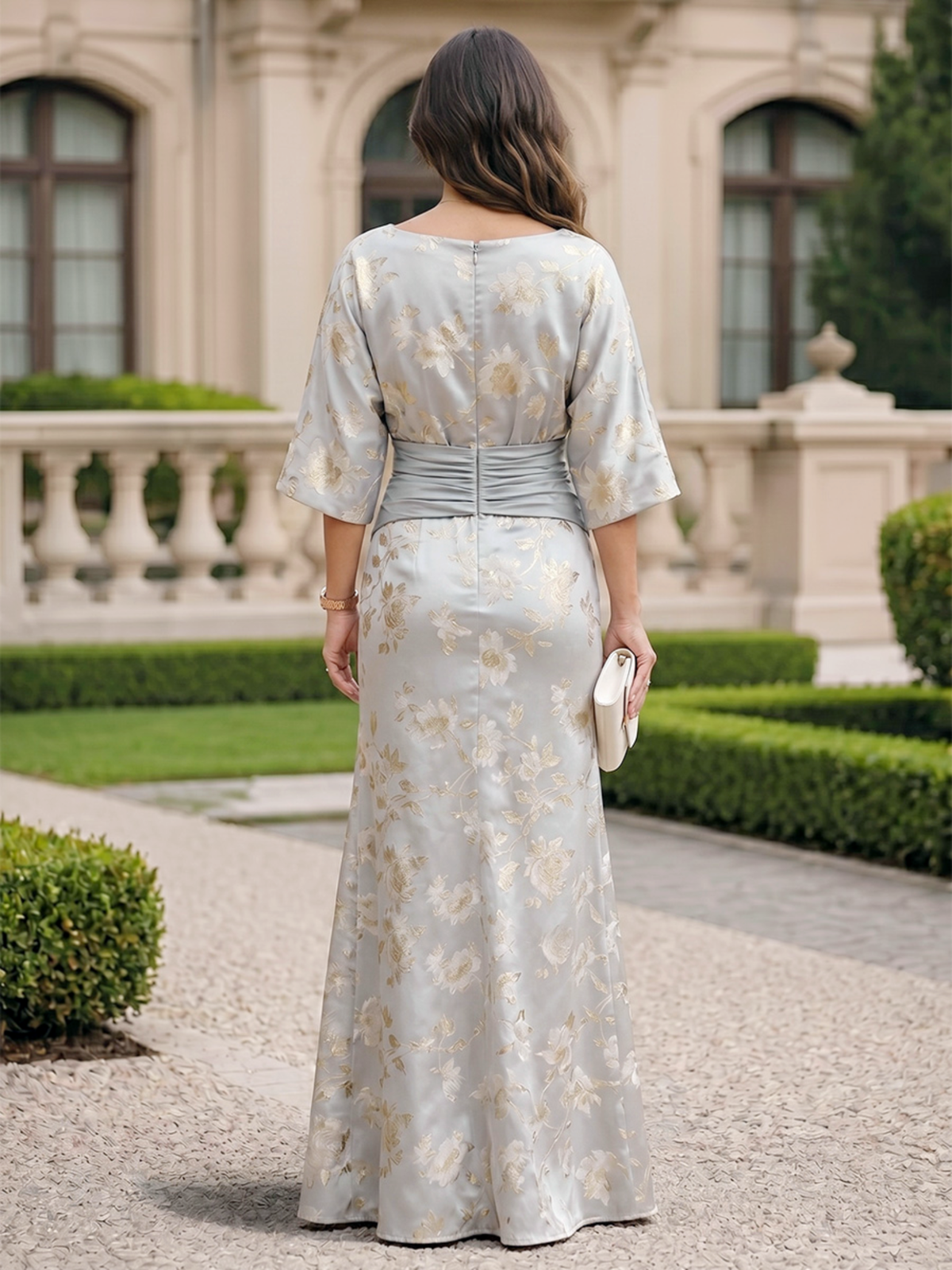 Jacquard Sheath/Column Scoop Neck Floor-Length Mother of the Bride & Groom Dresses with Ruched Waist & 3/4 Sleeves