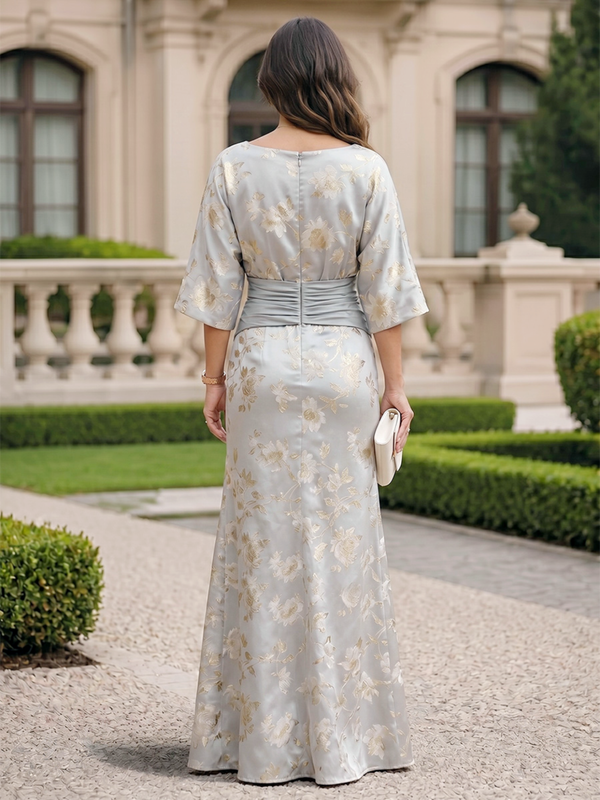Jacquard Sheath/Column Scoop Neck Floor-Length Mother of the Bride & Groom Dresses with Ruched Waist & 3/4 Sleeves