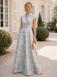Jacquard A-Line/Princess V-Neck Floor-Length Mother of the Bride & Groom Dresses with Ruched Waist & Pockets