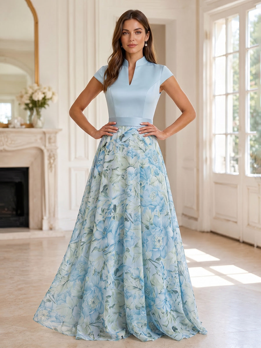 Floral Print A-Line/Princess V-Neck Floor-Length Mother of the Bride & Groom Dresses with Satin Bodice & Pleats