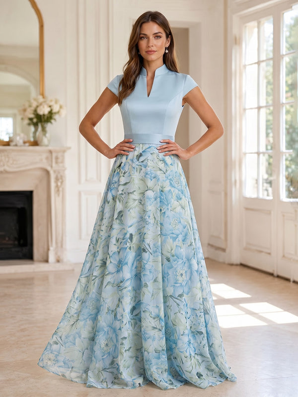 Floral Print A-Line/Princess V-Neck Floor-Length Mother of the Bride & Groom Dresses with Satin Bodice & Pleats