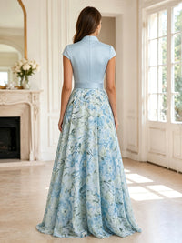 Floral Print A-Line/Princess V-Neck Floor-Length Mother of the Bride & Groom Dresses with Satin Bodice & Pleats