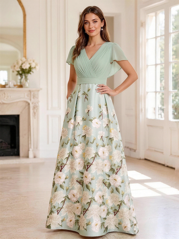 Floral Print A-Line/Princess V-Neck Floor-Length Mother of the Bride & Groom Dresses with Ruched Waist & Pockets