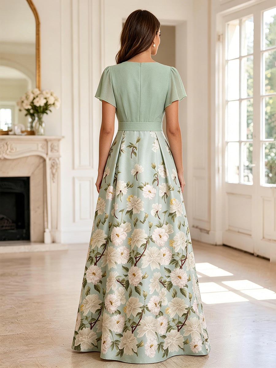 Floral Print A-Line/Princess V-Neck Floor-Length Mother of the Bride & Groom Dresses with Ruched Waist & Pockets