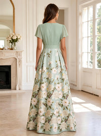 Floral Print A-Line/Princess V-Neck Floor-Length Mother of the Bride & Groom Dresses with Ruched Waist & Pockets