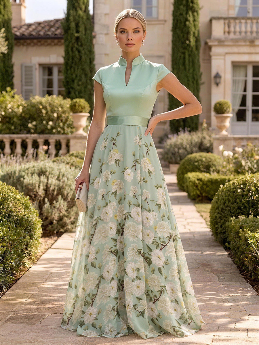 Floral Print A-Line/Princess V-Neck Floor-Length Mother of the Bride & Groom Dresses with Satin Bodice