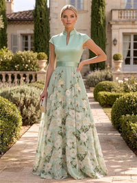 Floral Print A-Line/Princess V-Neck Floor-Length Mother of the Bride & Groom Dresses with Satin Bodice